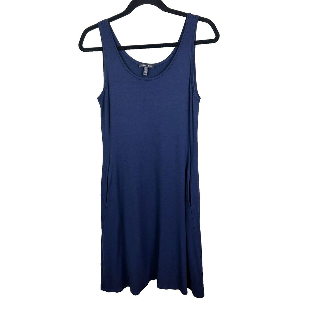 Eileen Fisher Navy Blue Sleeveless Tank Shirt Dress Jersey Knee Lngth Pockets XS